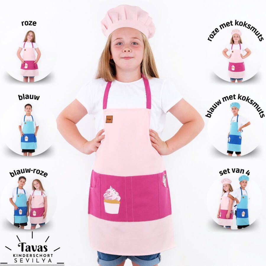 Merkloos Sans marque Sevilya roze Kinderschort met koksmut | kookschort kinderen roze meisjes | keukenschort schilderschort knutselschort kinderschort kat en cupcake met tas om te beschilderen bakken koken tuin