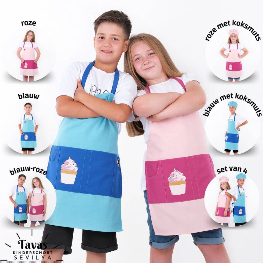 Merkloos Sans marque Sevilya Set van 2 | 2 Kinderschorten kookschort kinderen blauw jongen | roze meisjes | keukenschort schilderschort knutselschort kinderschort kat en cupcake met tas om te beschilderen bakken koken tuin