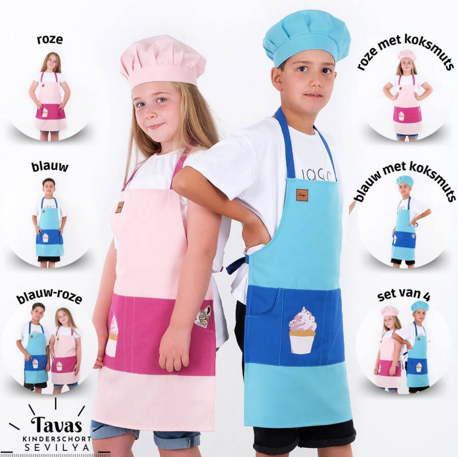 Merkloos Sans marque Sevilya Set van 4 | 2 Kinderschorten | 2 Kinderen Koksmuts | kookschort kinderen blauw jongen | roze meisjes | keukenschort schilderschort knutselschort kinderschort met tas om te beschilderen bakken koken tuin