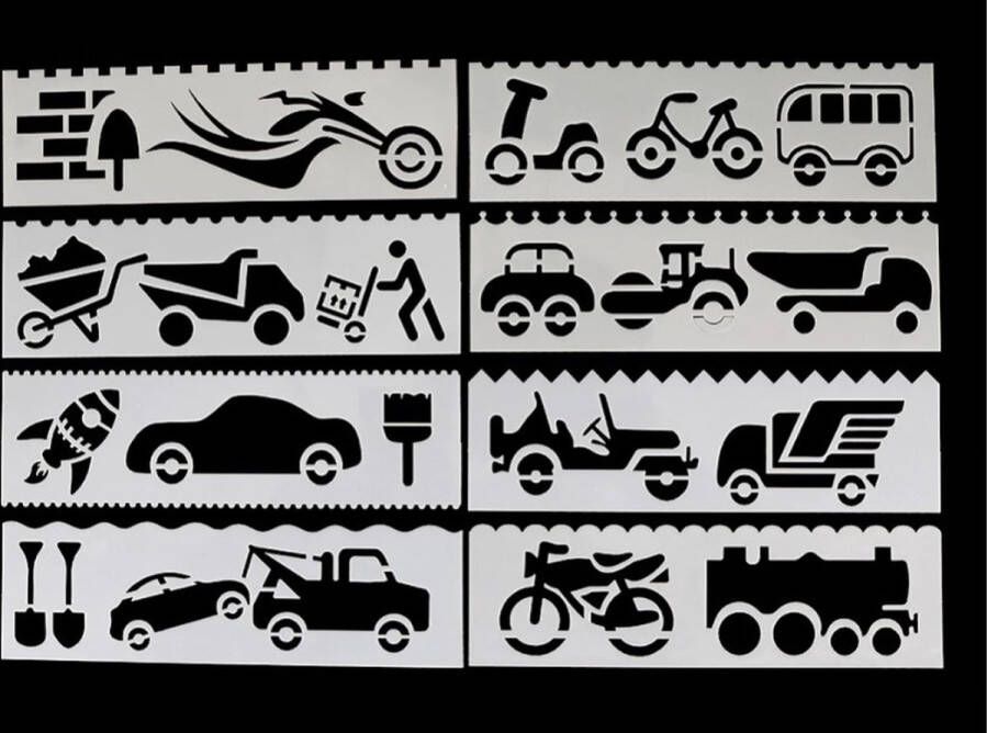 Merkloos Sans marque Sjablonen 8 Stuks Thema Reizen 8 Sjablonen Voor Tekenen Hobby Bullet Journal Auto Fiets Motor Bus Trein