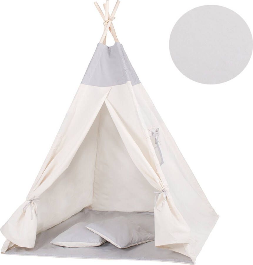 Merkloos Sans marque Springos Tipi Tent | Wigwam Speeltent | 120x100x180 cm | Met Mat en Kussens | Naturel Zwart | Golven