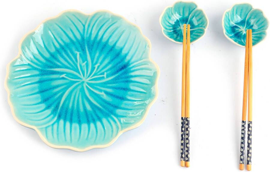 Merkloos Sans marque Sushi set met bord schaaltjes en eetstokjes bloem Azuurblauw