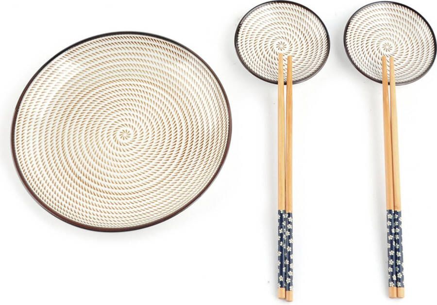 Merkloos Sans marque Sushi set met bord schaaltjes en eetstokjes Gebroken wit Bruin