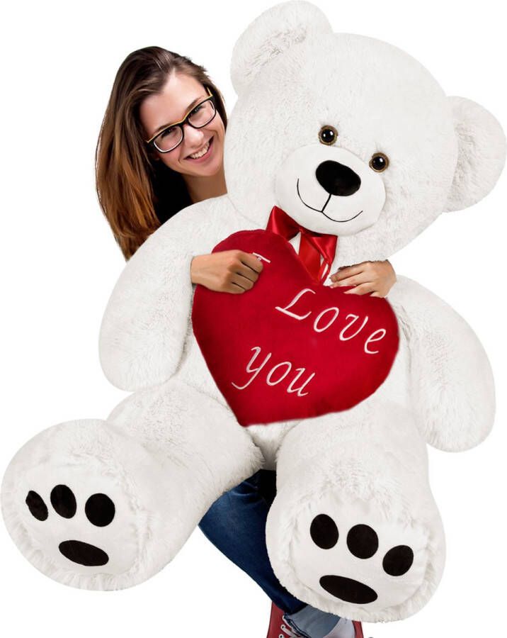 Monzana Knuffel-teddybeer XXL wit incl. hartkussen- 148cm-Valentijn-Valentijnscadeau-beer