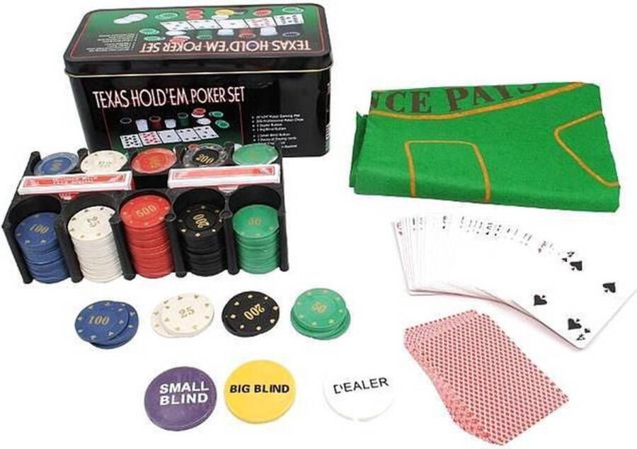 Merkloos Sans marque Texas Hold Em Poker Blackjack Set Pro Pokerset Met 200 Poker Chips Pokerkaarten Cards Speelkleed