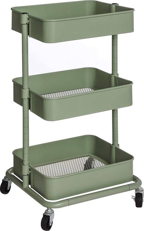 Merkloos Sans marque Trolley met 3 niveaus opbergwagen keukenplank met wielen in hoogte verstelbare rekken serveerwagen met 2 remmen eenvoudige montage voor badkamer keuken kantoor grijsgroen BSC060C01