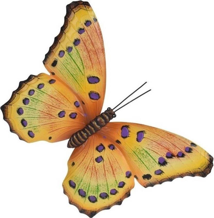 Merkloos Sans marque Tuin schutting decoratie geel paarse vlinder 44 cm Tuin schutting schuur versiering docoratie Metalen vlinders