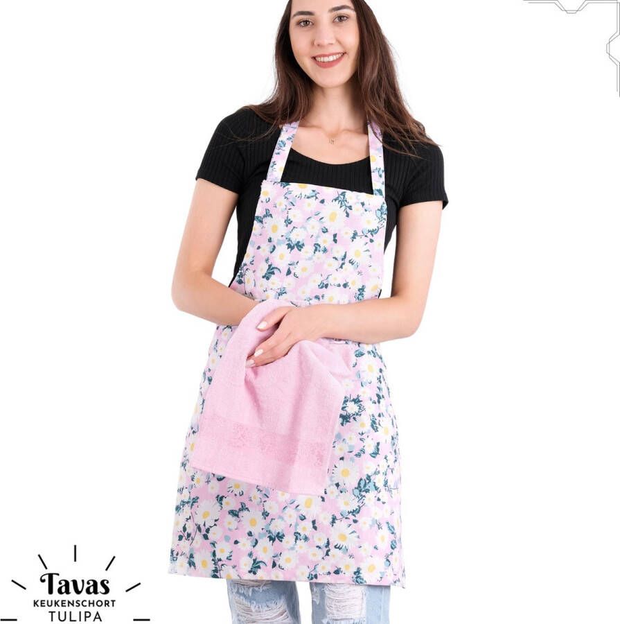 Merkloos Sans marque Tulipa Keukenschort met Handdoek | Met Roze Madeliefjes | Kookschort 55 x 75cm | Handdoek 30 x 50 | Keukenschort dames | Keukenschort voor vrouwen | Katoen
