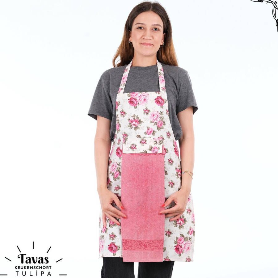 Merkloos Sans marque Tulipa Keukenschort met Handdoek | roze Rozen | Kookschort 55 x 75cm | Handdoek 30 x 50 | Keukenschort dames | Keukenschort voor vrouwen | Katoen