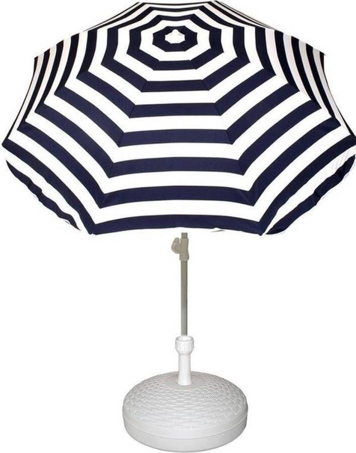 Merkloos Sans marque Voordelige set: blauw wit gestreepte parasol en rotan kunststof parasolvoet wit diameter parasol 180 cm