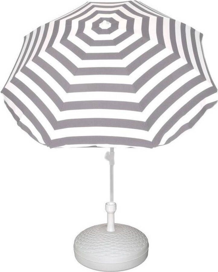 Merkloos Sans marque Voordelige set: grijs wit gestreepte parasol en rotan kunststof parasolvoet wit diameter parasol 180 cm