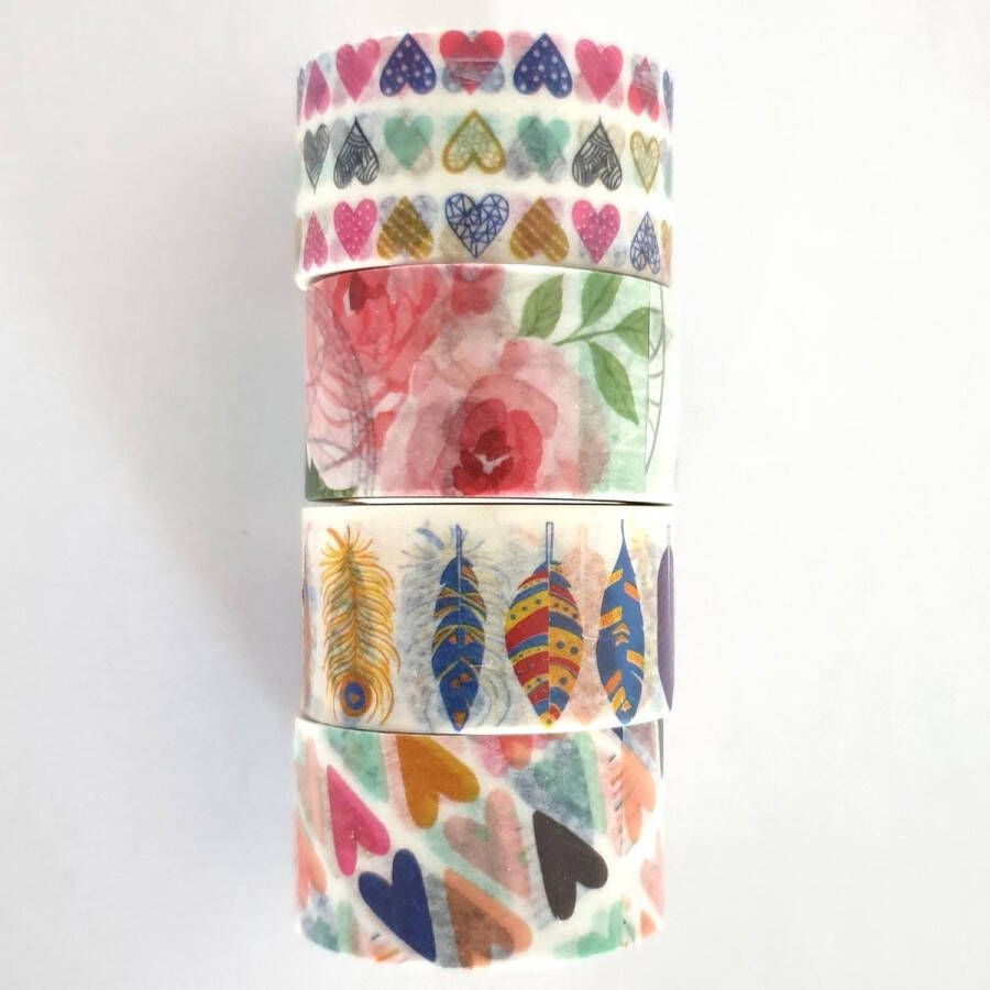 Merkloos Sans marque Washi tape set 4 stuks 20 mm x 5 meter hartjes veertjes rozen love decoratie tape masking tape