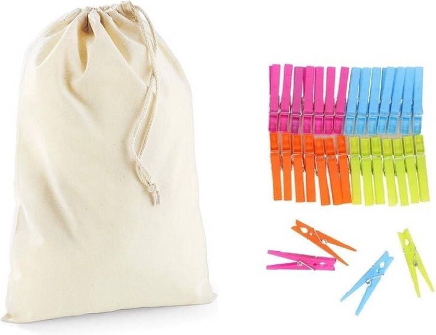 Merkloos Sans marque Wasknijperzakje tasje met afsluitkoord en 32 plastic wasknijpers in verschillende kleuren knijperzak opbergtas