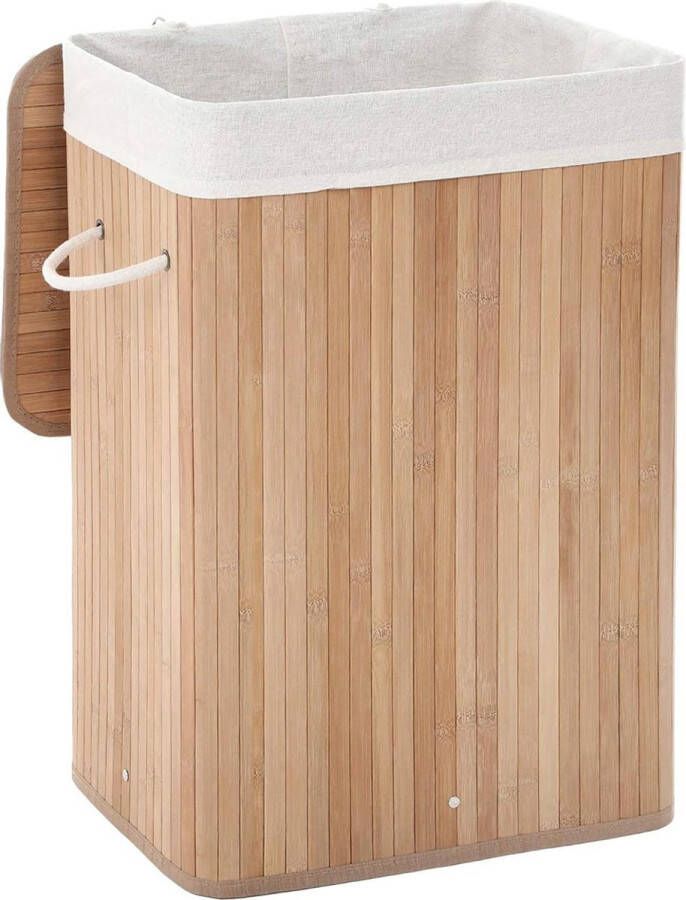 Merkloos Sans marque wasmand bamboe waskist waskist opvouwbare wasbak met afneembare katoenen waszak wasbak natuurlijke kleuren rechthoekig 72 L LCB10Y