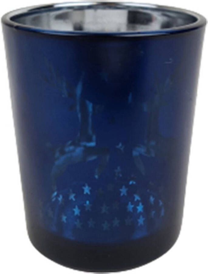 Merkloos Sans marque Waxinelichthouder Rendier Donkerblauw Zilver Glas Kerst Ø 6 x 7 cm