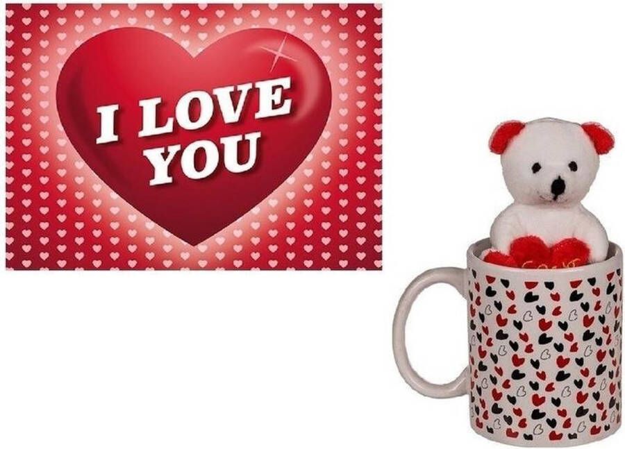 Merkloos Koffiemok wit met knuffelbeertje en I Love You valentijnskaart feest mokken