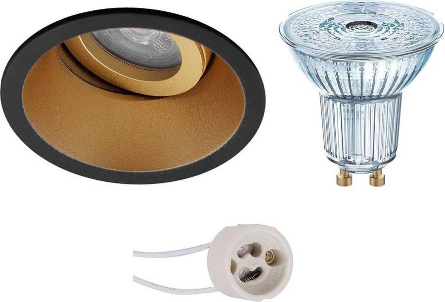 OSRAM LED Spot Set Parathom PAR16 930 36D Pragmi Zano Pro GU10 Fitting Dimbaar Inbouw Rond Mat Zwart Goud 5.5W Warm Wit 3000K Kantelbaar Ø93mm