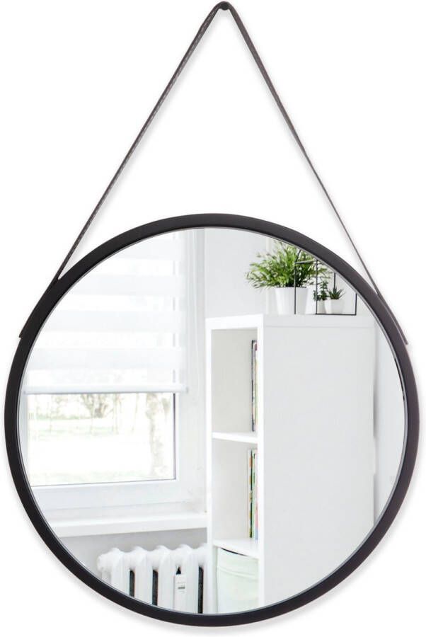 Merkloos Sans marque Spiegel – Ø60 – Wandspiegel met leren band – 3 cm dikke rand -Spiegel Rond – Spiegel Zwart Metaal – 60cm Diameter