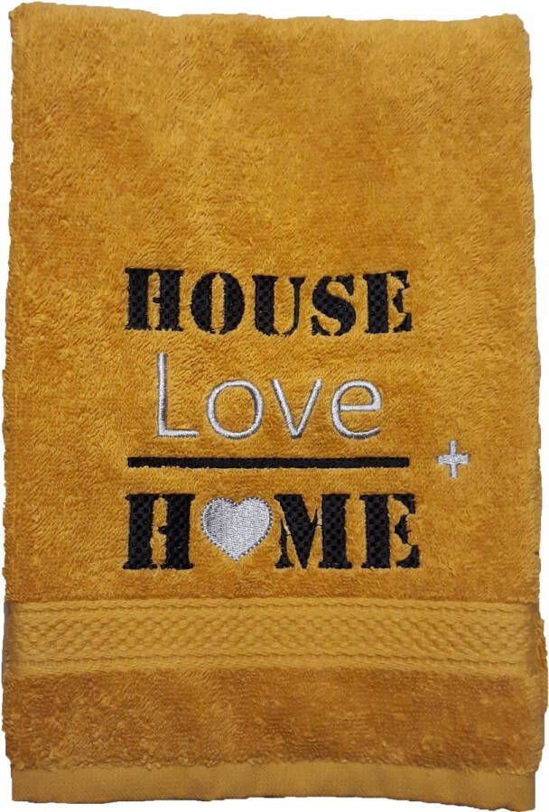 Diversen (99) Gastendoekje Oker geel house love home geborduurd zwart met grijs
