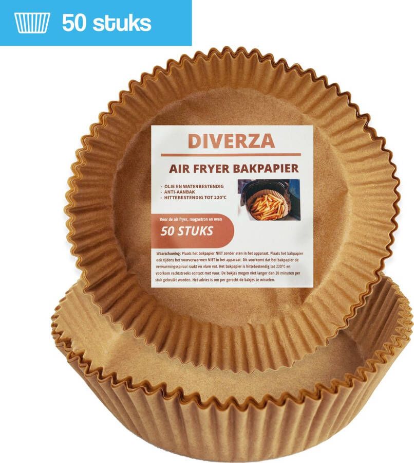 DIVERZA Airfryer Bakpapier 50 stuks – 16cm – Heteluchtfriteuse Wegwerpbakjes – Geschikt voor Airfryer – Wegwerppapier 50 stuks – Bakpapier rond – Airfryer accessoires