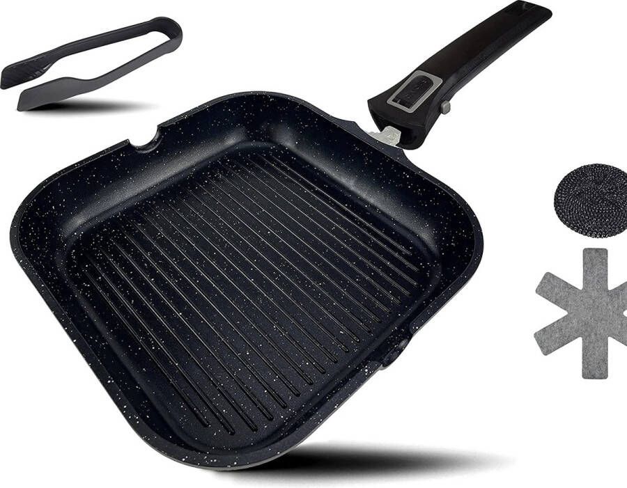 DIVORY Grillpan 28 x 28 cm met schenktuit en afneembaar handvat Steakpan inductie gecoate pan voor grill incl. grilltang en panbeschermer