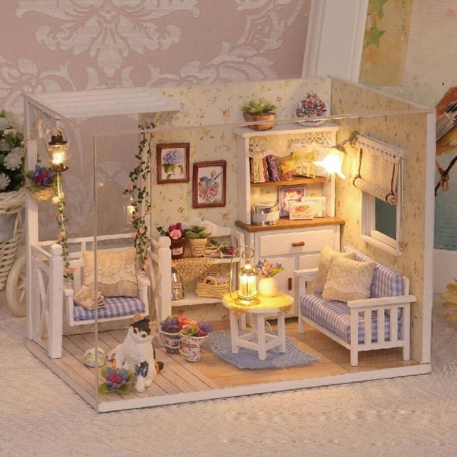 Ikonka DIY Modelbouw Woonkamer Miniatuurhuisje Kitten Diary 17 cm Miniatuur Bouwpakket