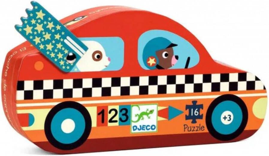 Djeco kinderpuzzel in racewagen doos 16 stukjes