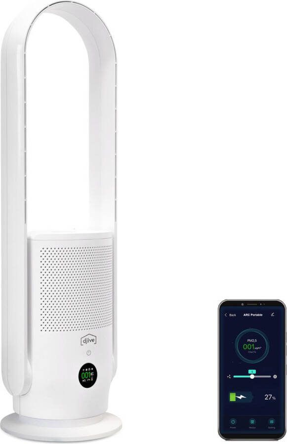 Djive Flowmate ARC Portable luchtreiniger ventilator mobiel app Hepa 14- draagbaar stand ventilator- luchtverfrisser Alexa lange looptijd stembediening stil koeling timer