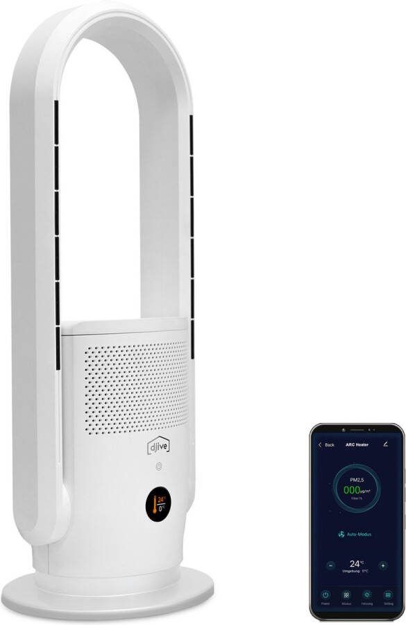 Djive ARC ventilator zonder rotor 3in1 torenventilator + luchtreiniger + ventilatorkachel stil met automatische modus staande ventilator met 9 snelheden app Alexa met afstandsbediening HEPA 14 filter timer wit