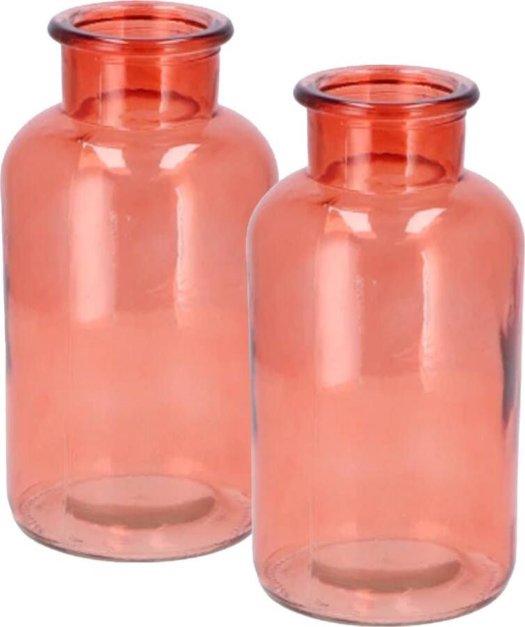 DK design Bloemenvaas siervaas melkbus fles model 2x helder gekleurd glas koraalroze D10 x H20 cm