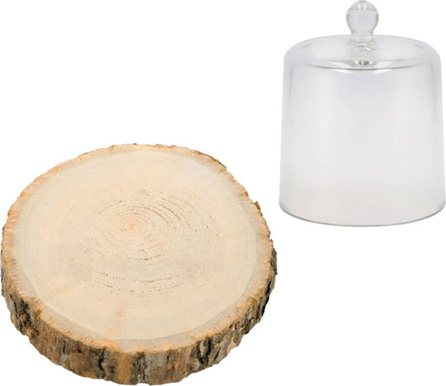 DK Design Decoratie stolp met boomschijf glas hout D17 x H16 cm deco cloche hobby woonaccessoire Decoratieve stolpen