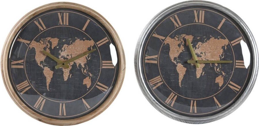 DKD Home Decor Muurklok 46 x 6 5 x 46 cm Kristal Zilverkleurig Zwart Gouden Bruin Ijzer Wereldkaart (2 Stuks)