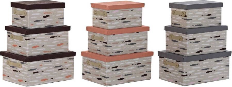 DKD Home Decor Set van opstapelbare opbergboxen Bruin Grijs Oranje Polyester (40 x 30 x 20 cm) (3 Stuks)