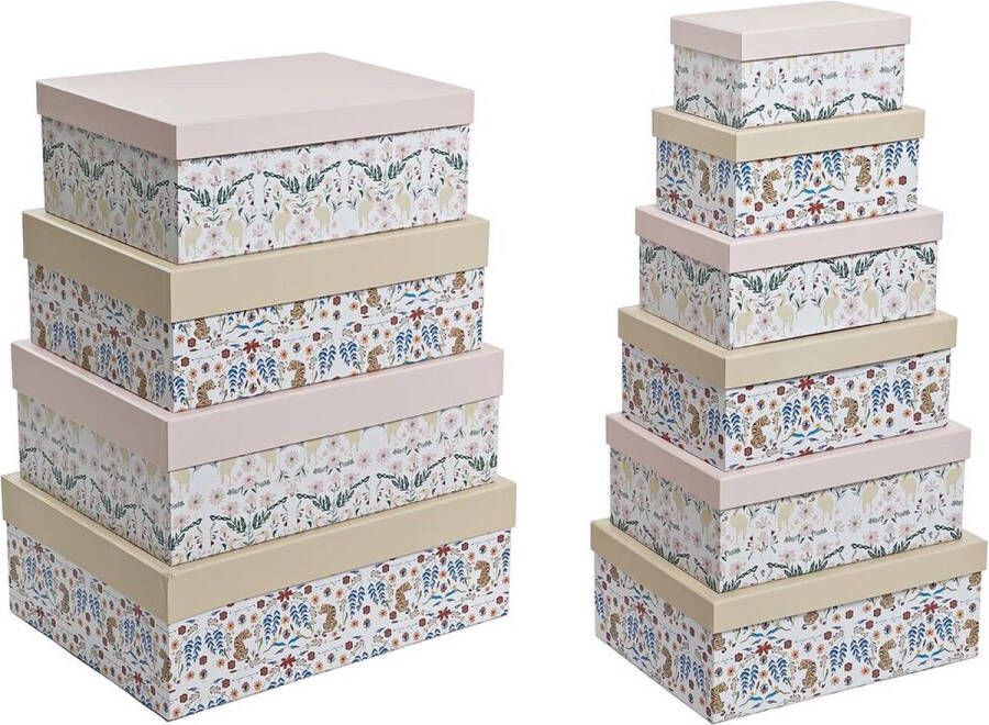 DKD Home Decor Set van opstapelbare opbergboxen dieren Blommor Karton (43 5 x 33 5 x 15 5 cm)