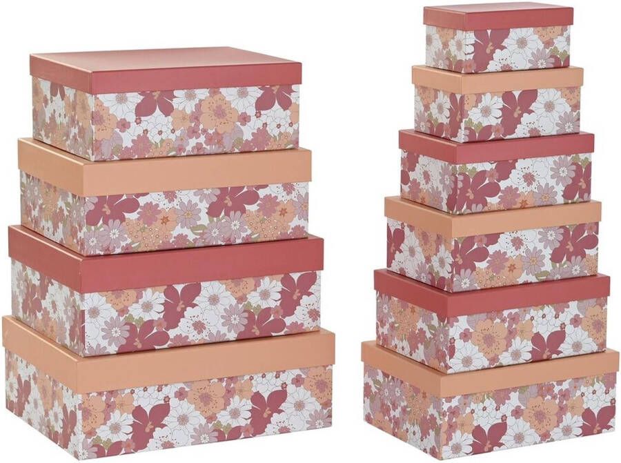 DKD Home Decor Set van opstapelbare opbergboxen Fuchsia Wit Perzik Karton (43 5 x 33 5 x 15 5 cm)