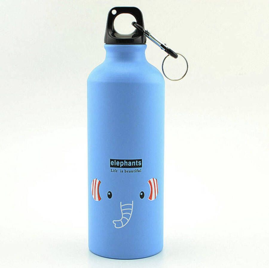 DMB Products Olifant drinkfles voor kinderen 500ml Aluminium drinkfles schoolbeker fles afbeelding een Olifant waterfles sportfles karabijnhaak draaidop