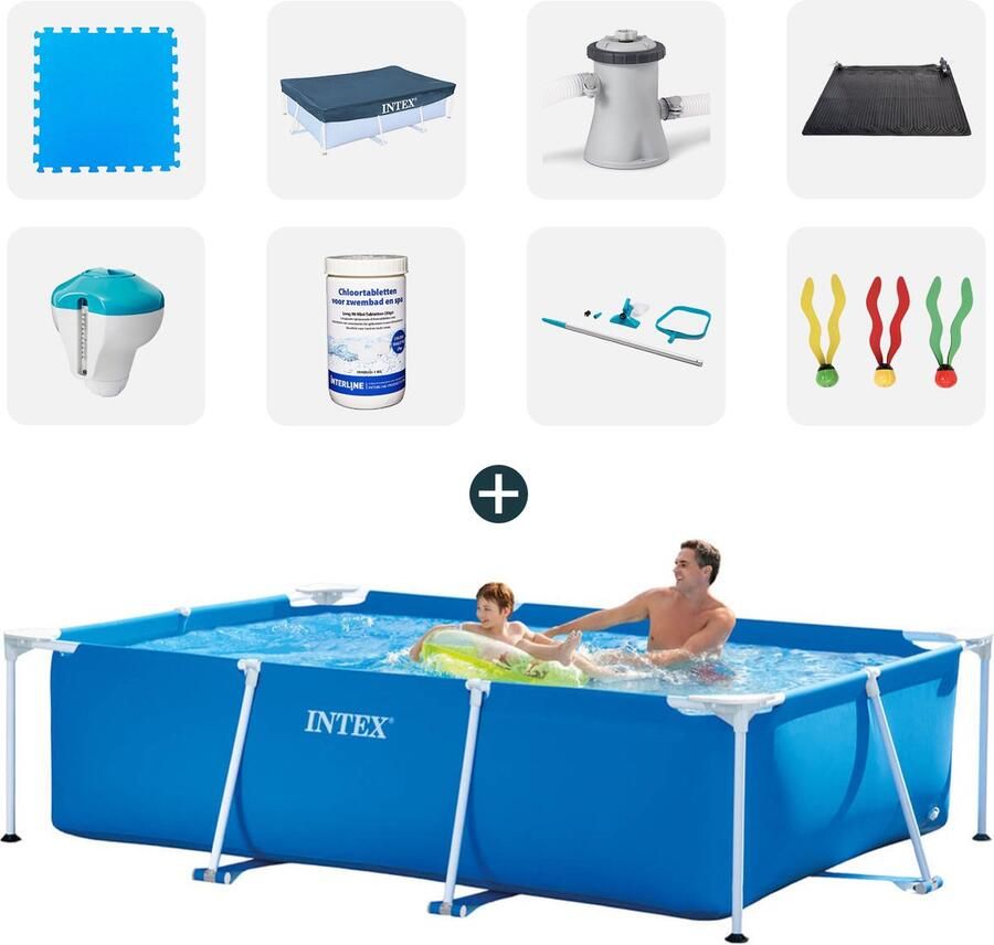 Dobeno Intex zwembad Complete set 260x160x65 cm Inclusief zwembadtegels Afdekzeil Filterpomp Solarmat Chloordrijver+thermometer Chloortabletten Onderhoudsset Duikspeelgoed