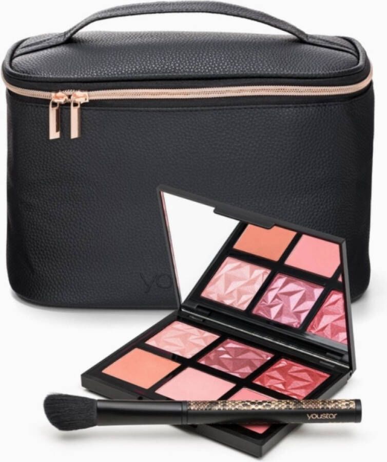 Dobner Cosmetic Beauty Make-up Tasje Set van 2 en tas wangen rouge 6 kleuren glitter en mat gezicht borstel 2st
