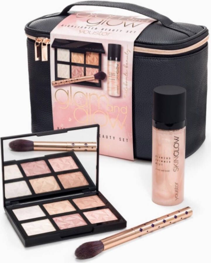 Dobner Cosmetic Beauty Make-up Tasje Set van 3 en tas GLAM & GLOW highlight pallet contour borstel en gezicht glitter fixing spray 3 stuks