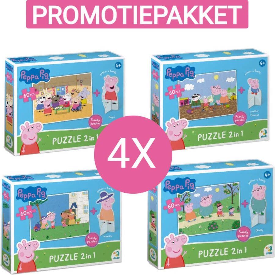 Dodo Toys PROMOTIEPAKKET 4 X Peppa Pig Puzzel met Speelfiguren- 60 stukjes 23x32 cm Peppa Pig speelgoed 4+ Kinderpuzzel 4 jaar