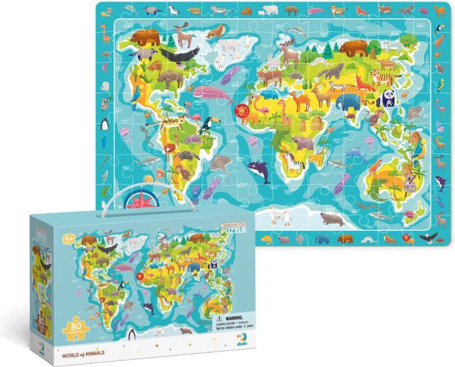 Dodo Toys Puzzel Wereldkaart met Dieren 5+ -80 stukjes 31x45 cm Dieren Speelgoed voor Kinderen Zoekboek Kinderpuzzel 5 jaar