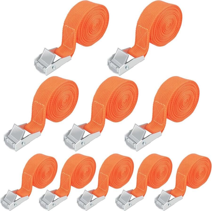 DoDuo Spanband 10 stuks spanbanden bevestigingsriem 2 5 cm x 2 5 m verstelbare sjorbanden met klemsluiting belastbaar tot 250 kg voor fiets motorfiets bagagepakketten camping oranje