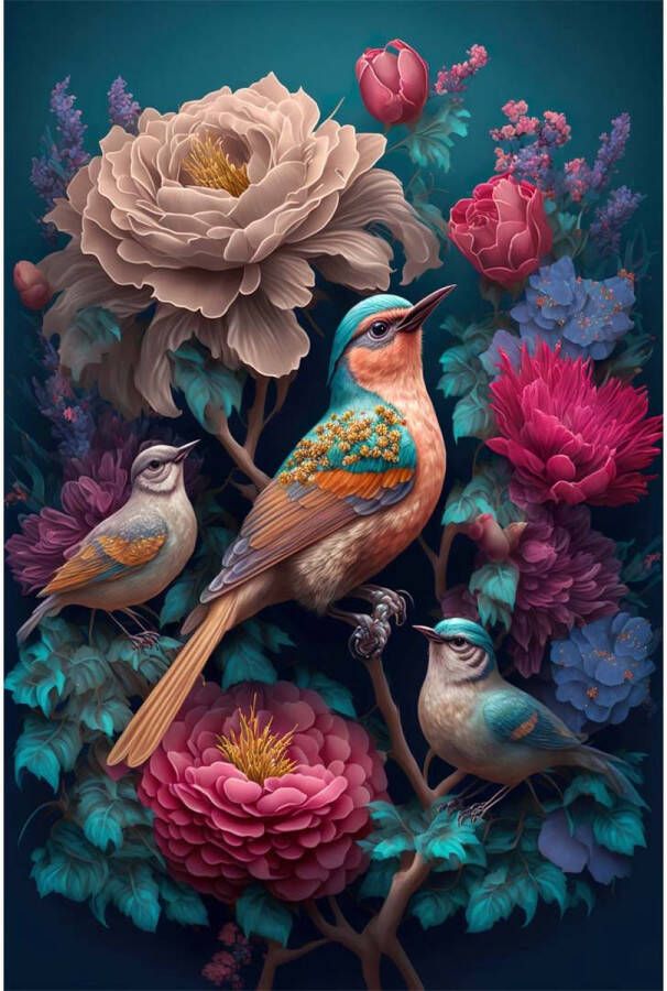 DoeZelf.nl by JenD online Diamond Painting 3 vogels met bloemen Diamond Painting 50x75cm. DP Volledige bedekking Ronde steentjes diamondpainting inclusief tools