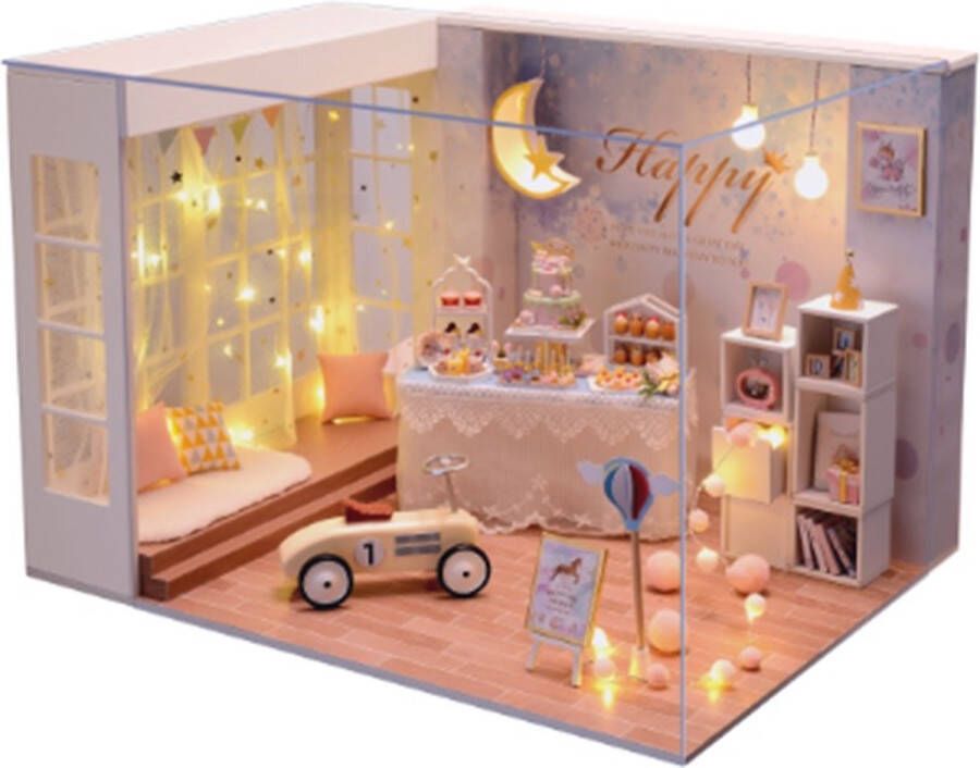Doll House Miniatuurhuisje bouwpakket Miniature scene verjaardag scene woonkamer- incl. showcase