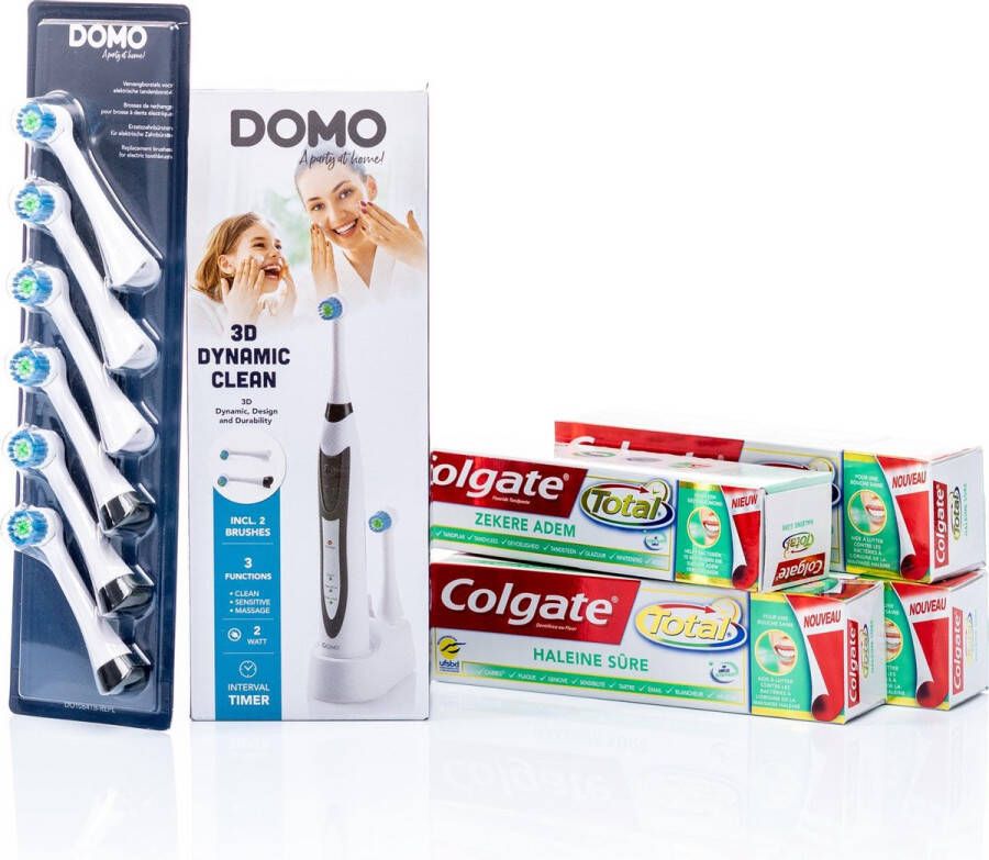 DOMO Elektro DOMO elektrische tandenborstel DO1064TB + 6 extra opzetstukken + 4 tubes tandpasta COLGATE