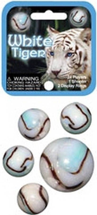 Don Juan Knikkers 63x stuks witte tijger kleintje glazen knikkers met 3x een bonk buitenspeelgoed knikkeren