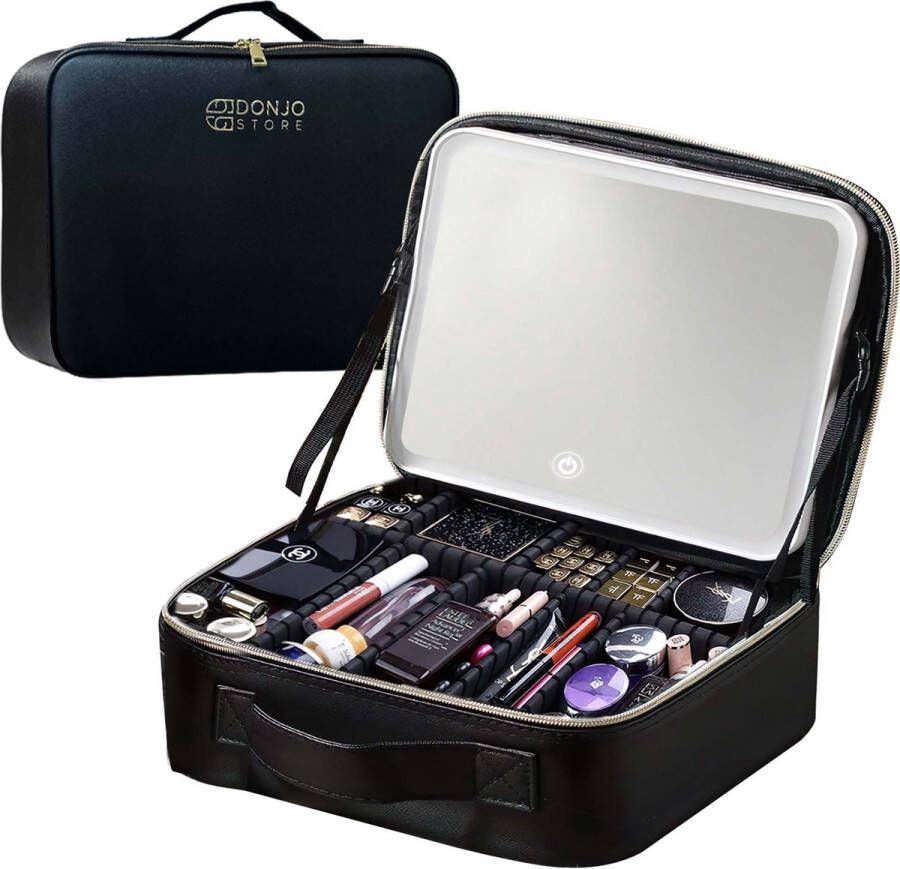 Donjo Make Up Spiegel Koffer met Led Verlichting Beauty Case XXL Size Cosmetische Koffer 3 Lichtstanden -Reistas- Opbergtas Waterdicht