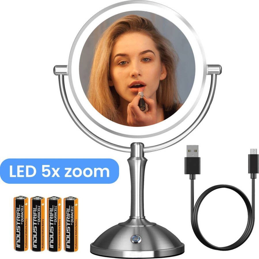 Donjo Make Up Spiegel met Led Verlichting 5X Vergroting Staande Spiegel Rond Scheerspiegel Staand Batterij en Oplaadbaar Satijn Geborsteld RVS