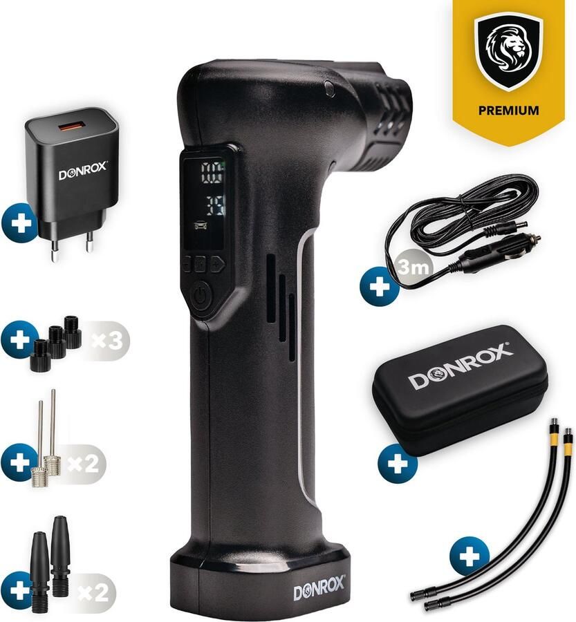 DONROX Ride A922 Draagbare Compressor Bandenpomp + Onderdelen pakket + Oplader 12V Luchtcompressor Oplaadbaar Fiets Tot Camper Elektrische Fietspomp