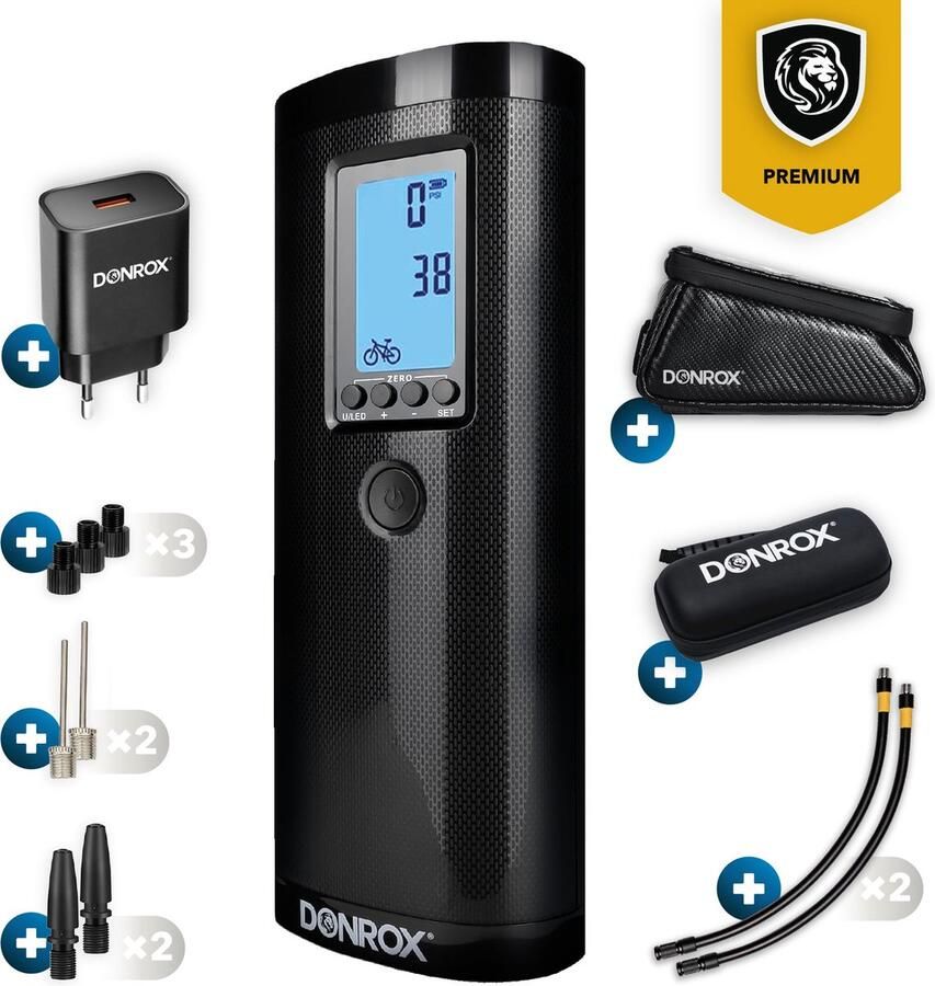 DONROX Ride F511 Draagbare Compressor Bandenpomp + Onderdelenpakket + Oplader + Fietstas Carbon Luchtcompressor Oplaadbaar Fiets Tot Auto Elektrische Fietspomp